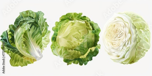 Three different types of lettuce are shown in a row. The first lettuce is a head of Romaine, the second is a head of iceberg, and the third is a head of butter lettuce