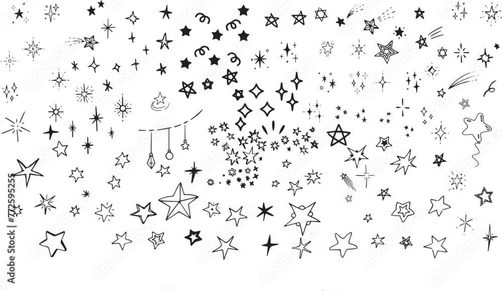 Stars set, hand drawn sketch, doodle vector illustration. Black symbols drawn by brush, pen, ink, Isolated on white background. Cool trendy handdrawn set for logo, textile print, fabric design, card