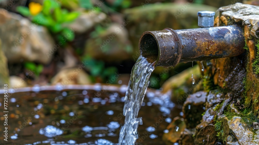 Water supply on a water field, drain. Clean water flows from a pipe