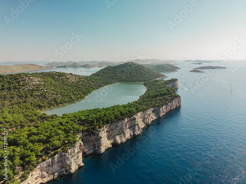 Aerial view of Telascica Nature Park with cliffs and forest, Mir salt lake, Croatia photo