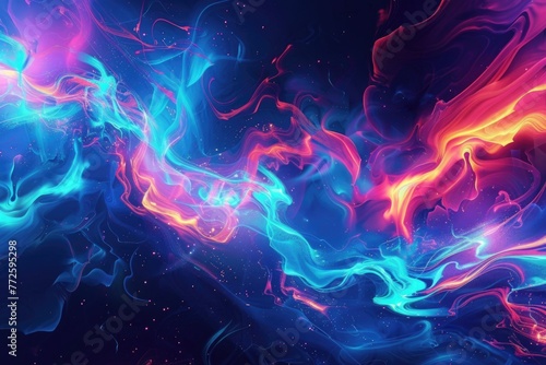 A colorful, swirling galaxy of blue, red, and yellow. The colors are vibrant and the brushstrokes are bold. Scene is energetic and dynamic, as if the colors are in motion