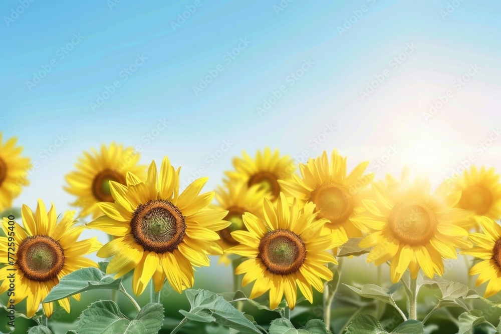 A field of yellow sunflowers with a blue sky in the background. The sunflowers are in full bloom and are arranged in a row. Concept of warmth and happiness, as the bright yellow flowers