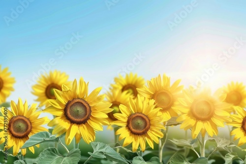 A field of yellow sunflowers with a blue sky in the background. The sunflowers are in full bloom and are arranged in a row. Concept of warmth and happiness  as the bright yellow flowers