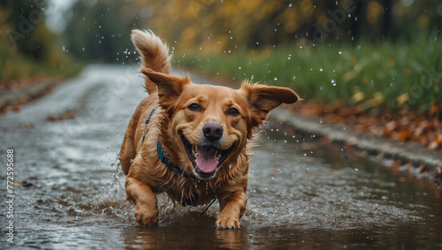 golden retriever running in the water, dog playing in the water, dog in the water