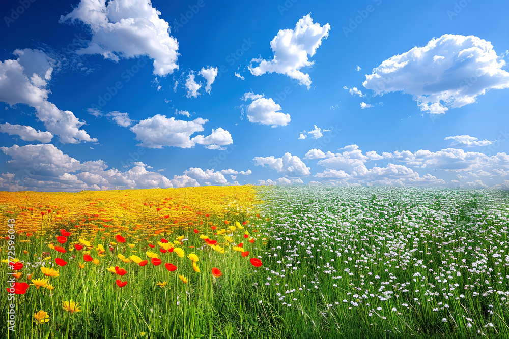 Meadow with green and yellow flowers under a blue sky with sparse clouds, spring in nature, colorful sunny field