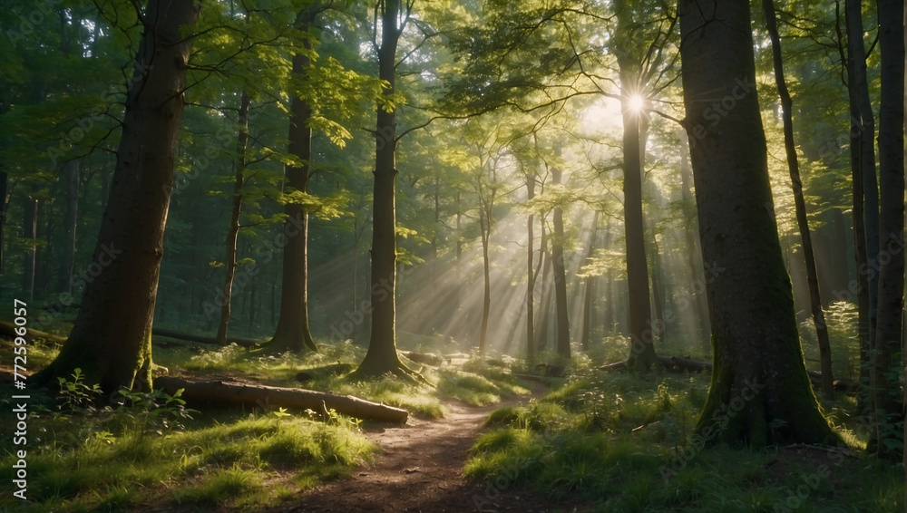 sun rays in the forest, morning in the woods, morning in the forest - obrazy, fototapety, plakaty 