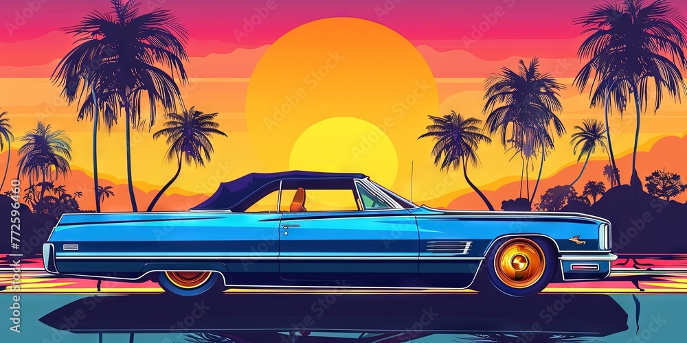 Latino lowrider car on the road during sunset - stylized illustration