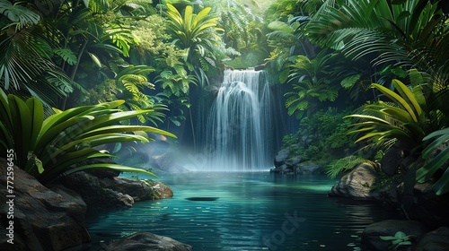 A breathtaking vertically composed image captures a hidden waterfall plunging into a serene pool within a vibrant jungle generative ai