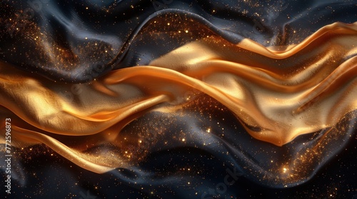 3d golden wave silk satin background. Abstract luxury swirling black gold background. Gold waves abstract background texture