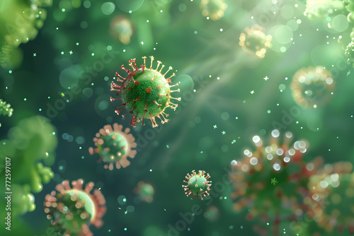 Noro virus floating in front of a green background photo