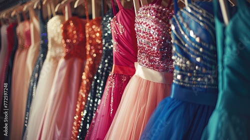 Colorful prom or bridesmaid gowns hanging on hangers © Brian