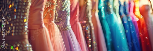 Colorful prom or bridesmaid gowns hanging on hangers photo