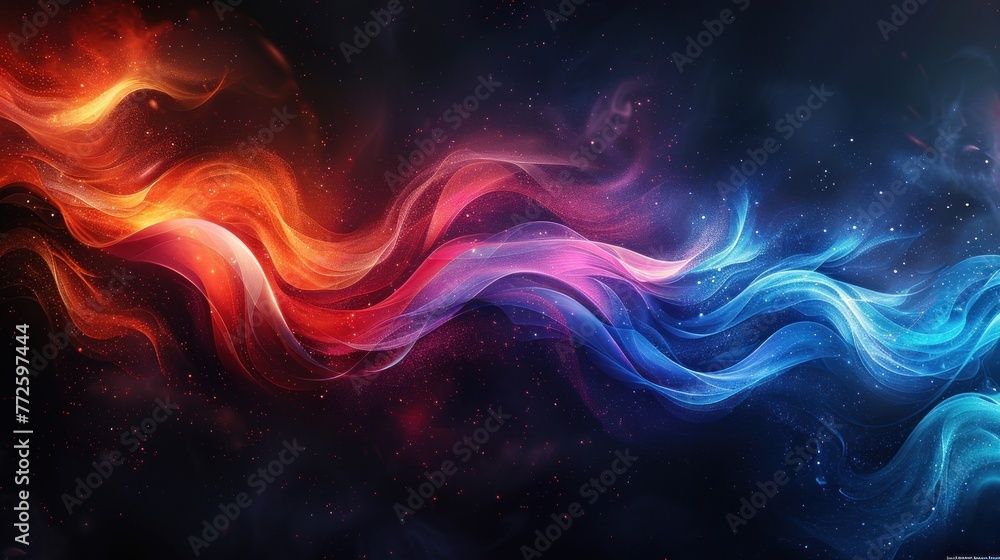 A colorful wallpaper with a black background and red, blue, and purple swirls