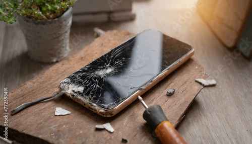 Intricate patterns of shattered glass adorn a smartphone awaiting repair on a wooden workspace photo