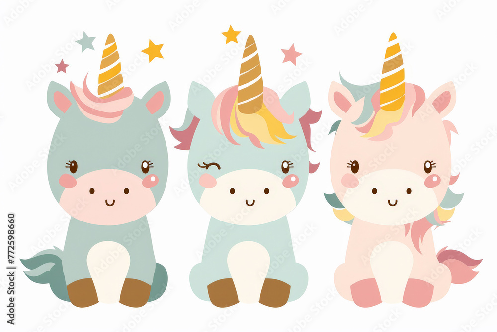 Dibujo de tres unicornios infantiles sentado con cuerno dorado y estrellas sobre ellos, de diferentes colores sobre fondo transparente blanco Dibujo de tres unicornios infantiles sentado con cuerno dorado y estrellas sobre ellos, de diferentes colores sobre fondo transparente blanco