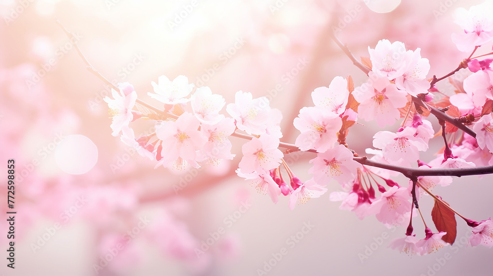 Spring flower background banner panorama. Pink beautiful cherry blossom flower.