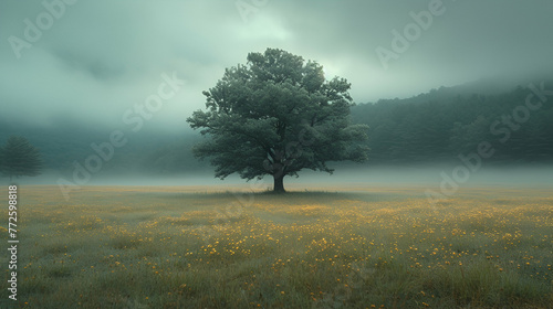 Single tree in a mountain field - fog - haze - clouds 
