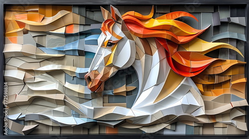 an Collage Painting artwork of a horse, a running horse running in cut cardboard, Geometric Square Collage Painting artwork 