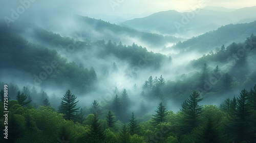 Mountains - trees - fog - clouds - hazy- inspired by the scenery of western North Carolina 