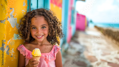 Happy Innocent Afro Toddler Child Enjoying Ice Cream During Vacation Holidays