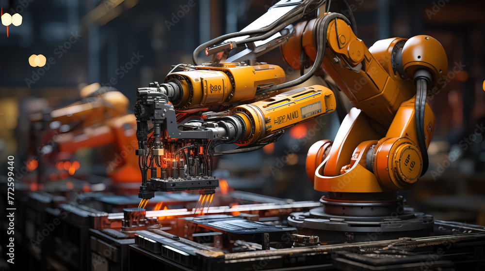 Industrial robot works automatically in smart autonomous factory