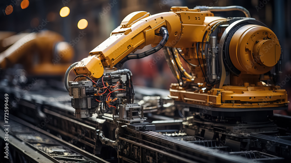 Industrial robot works automatically in smart autonomous factory Industrial robot works automatically in smart autonomous factory
