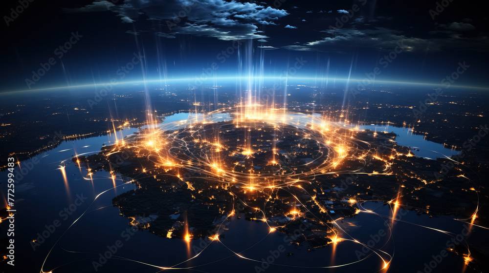 Connection lines around the Earth's surface, view from space. future technology backdrop with circles and lines Connection lines around the Earth's surface, view from space. future technology backdrop with circles and lines