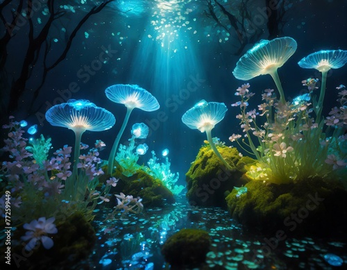 An underwater forest where bioluminescent creatures illuminate the darkness; flowers emerge
