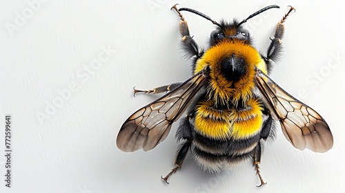 Detailed macro of a bumblebee isolated on white background. Bumblebee portrait isolated for clarity. Concept of macro photography, entomology, and detailed insect imagery. Copy space