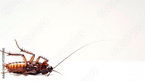 Dead cockroach lying on its back on white backdrop. Pest insect. Perfect for pest control service ads, hygiene educational content, product labels for insecticides. Banner. Copy space
