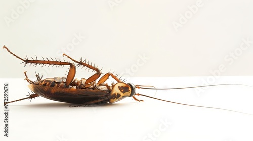 Dead cockroach lying on its back on white background. Pest insect. Perfect for pest control service ads, hygiene educational content, product labels for insecticides. Banner. Copy space