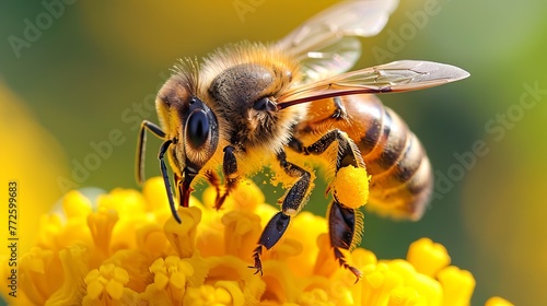 Bee with pollen on legs on a yellow flower. Close-up of bee pollinating a bloom. Concept of spring, natural pollinators, ecology, and vibrant floral environment.
