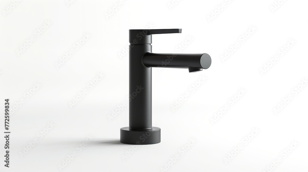 Minimalist water tap with a matte black finish, isolated against a white backdrop. Modern faucet design. Concept of modern plumbing, kitchen design, elegant fixtures, and clean lines