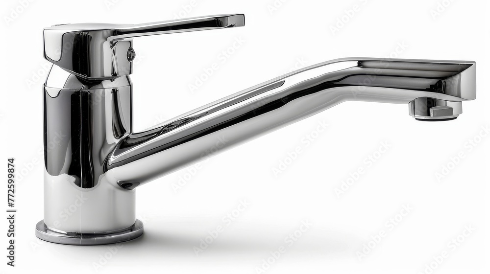 Modern sleek faucet design in a minimalist setting. Water tap with elegant curves. White backdrop. Concept of contemporary kitchen, clean design, functional simplicity, and modern home fixtures. Modern sleek faucet design in a minimalist setting. Water tap with elegant curves. White backdrop. Concept of contemporary kitchen, clean design, functional simplicity, and modern home fixtures.