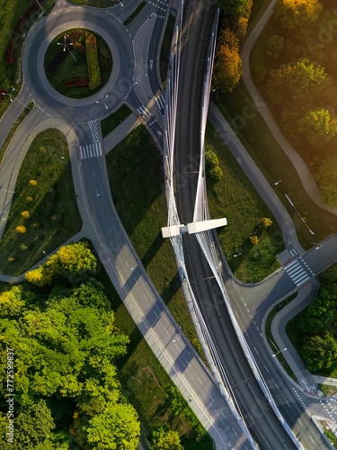 Aerial view directly from above of road ring and suspension bridge in Krakow, Poland. Scenic sunlight and shadows on treetops of city park, empty street without cars and modern bridge for trams photo