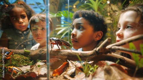 Children observing a cockroach at an exhibit. Kids in awe of an insect in a museum. Concept of educational trip, childhood curiosity, interactive learning, and wildlife education. photo
