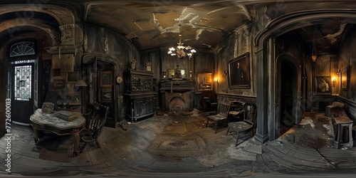 Interior of a dilapidated haunted house photo