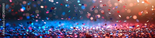 Cascading confetti in patriotic colors against a dark background. Celebratory American political event backdrop. Concept of elections  patriotism  national events  festive. Banner with copy space