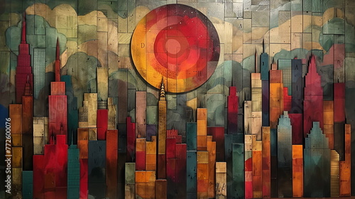 an Collage Painting artwork of a Manhatten skyline, Geometric Square Collage Painting artwork  photo