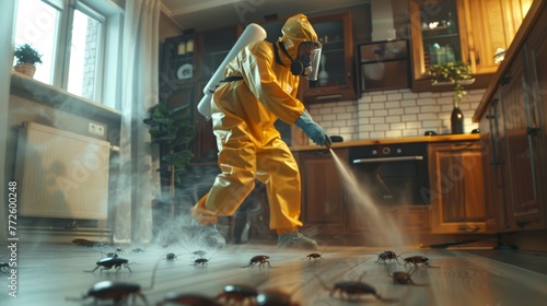 Professional exterminator focusing on cockroach infestation on kitchen floor. Efficient pest control method in use. Concept of infestation resolution, expert cleaning, and pest deterrence.