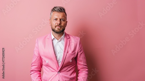 Male model wearing a pink suit isolated on solid pink background © Brian