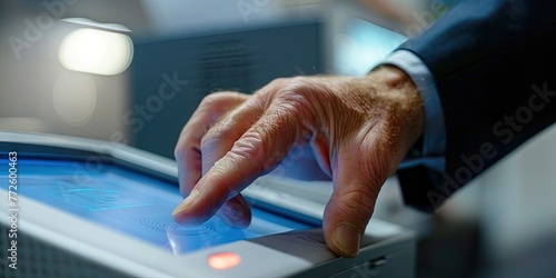 Man interacting with fingerprint scanning augmented reality technology interface