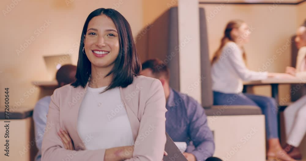 Happy, business woman and face with arms crossed, confidence and professional team with tablet. Worker, social media manager and online agency with portrait and smile at a company and office Happy, business woman and face with arms crossed, confidence and professional team with tablet. Worker, social media manager and online agency with portrait and smile at a company and office