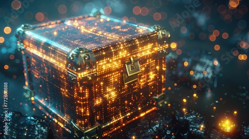 Treasure chest made of colorful digital data for cybersecurity and encryption, as well as cryptocurrency and digital banking