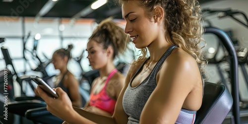 Young woman using smartphone in the gym while working out and warming up