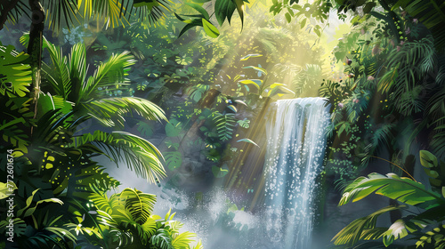 Rich tropical rainforest in the morning The morning sun shines on the waterfall and lush green leaves. Watercolor painting.