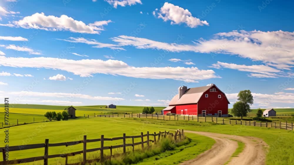 American Countryside with Red Barn and Fence in Spring, USA, AI Generated American Countryside with Red Barn and Fence in Spring, USA, AI Generated
