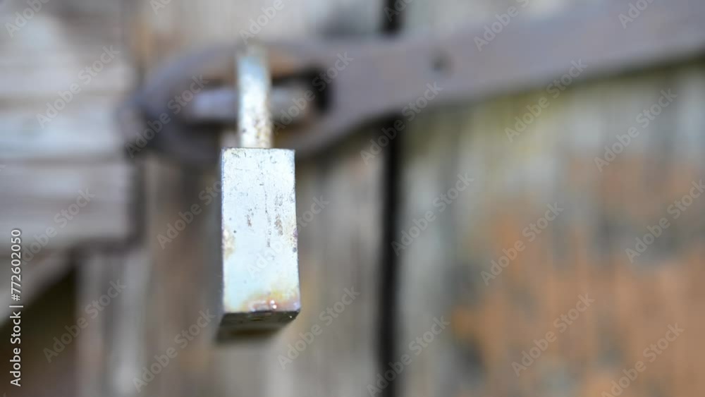 Old metal lock swinging on a rusty hinge on a dilapidated wooden shed. Old metal lock swinging on a rusty hinge on a dilapidated wooden shed.