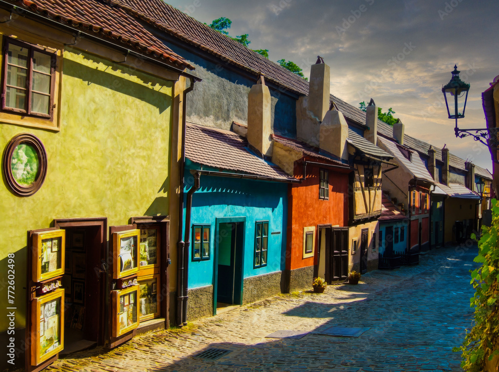 Experience the Colorful Cobblestone Street at Dawn, in Historic Prague.