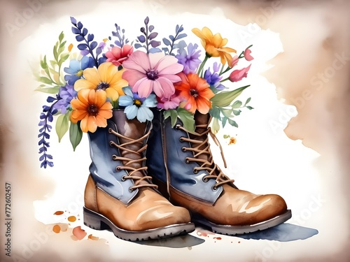 rustic boots with colorful flowers inside a watercolor